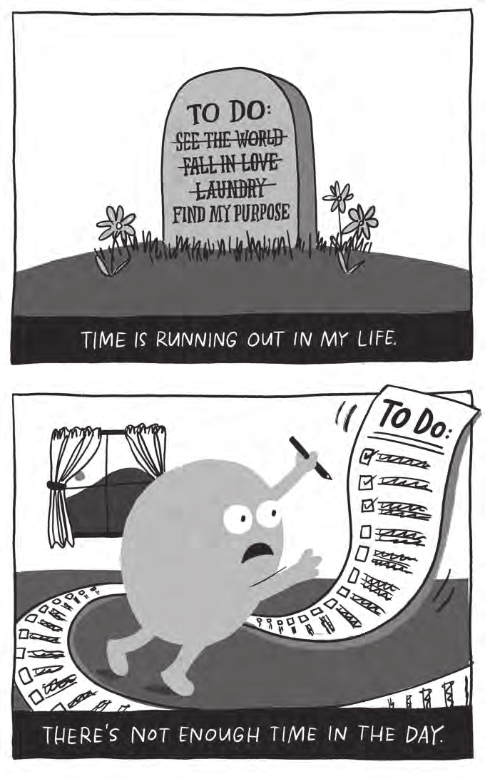 Illustration from the introduction of Time Anxiety, by Emily McDowell — two panels showing the two forms of time anxiety